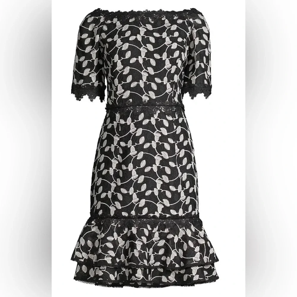 Shani NWT Black/White Two Tone Lace Bateau Neck Ruffle Hem Dress - Picture 10 of 10